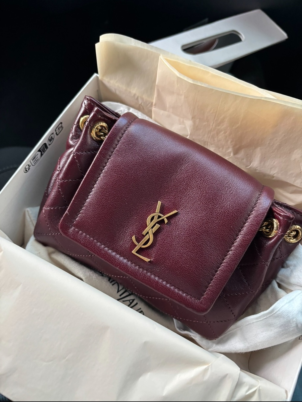 Saint Laurent Wine Red Quilted Leather Mini Shoulder Bag with Gold YSL